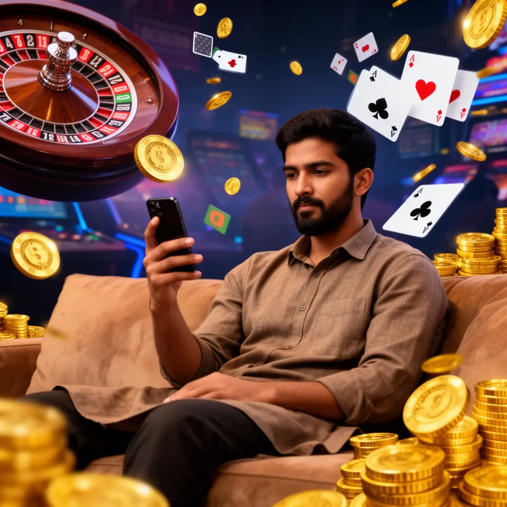 Confident Bangladeshi player using the VA99 app on his phone with floating casino chips cards and roulette symbols