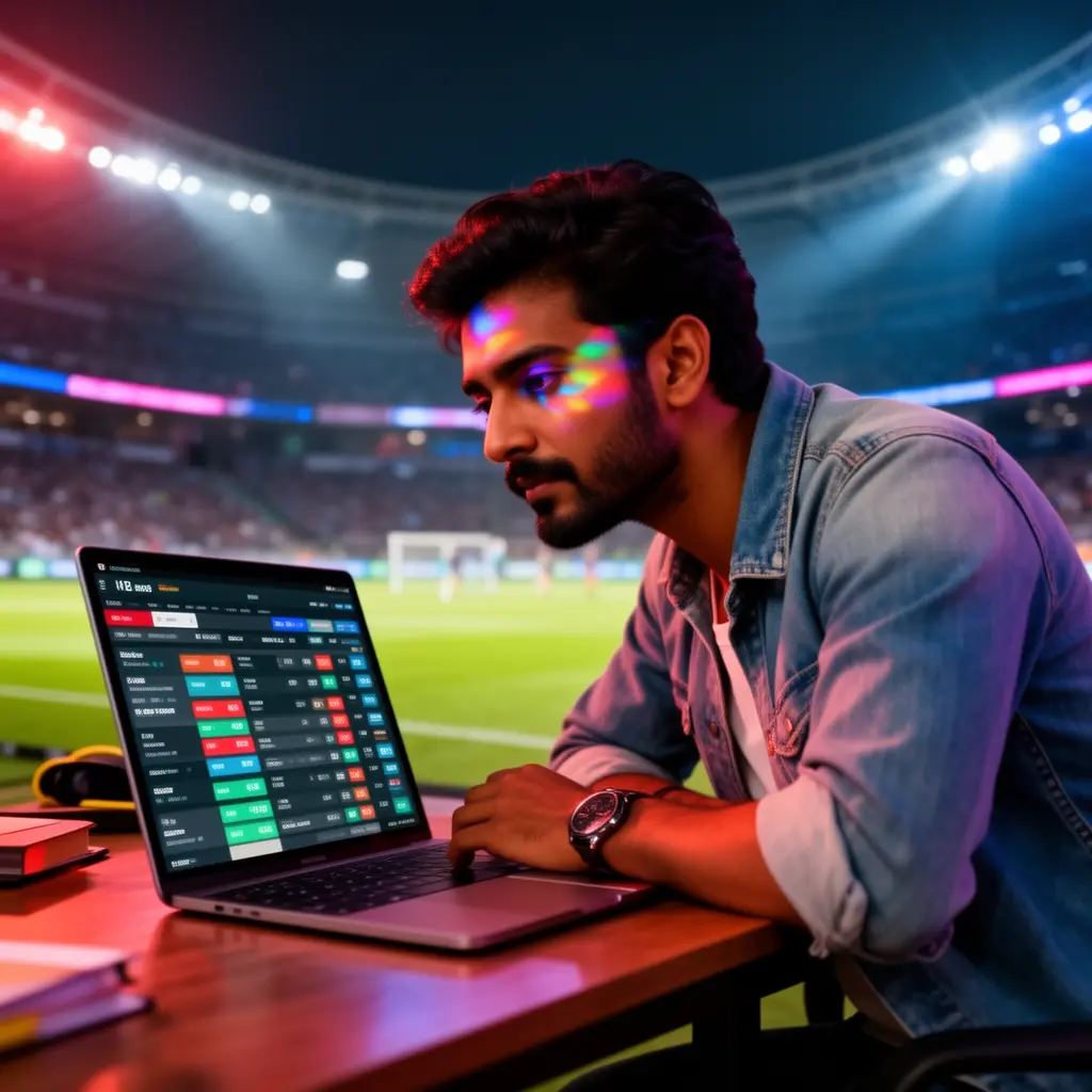 Focused Bangladeshi sports bettor analyzing live cricket odds on a laptop with glowing stadium lights while using VA99