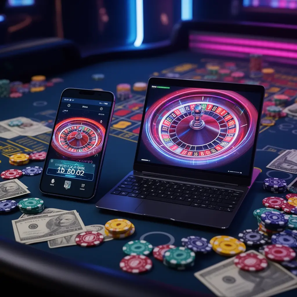 Modern online casino setup with a laptop and smartphone showing a roulette game surrounded by colorful chips representing the immersive VA99 casino experience in Bangladesh