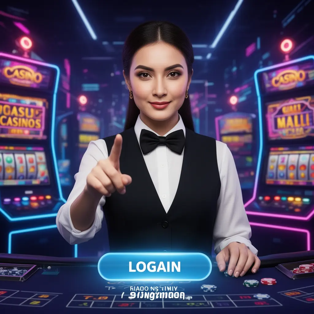 Elegant Bangladeshi casino professional pointing at a virtual login interface with neon lights symbolizing modern VA99 access