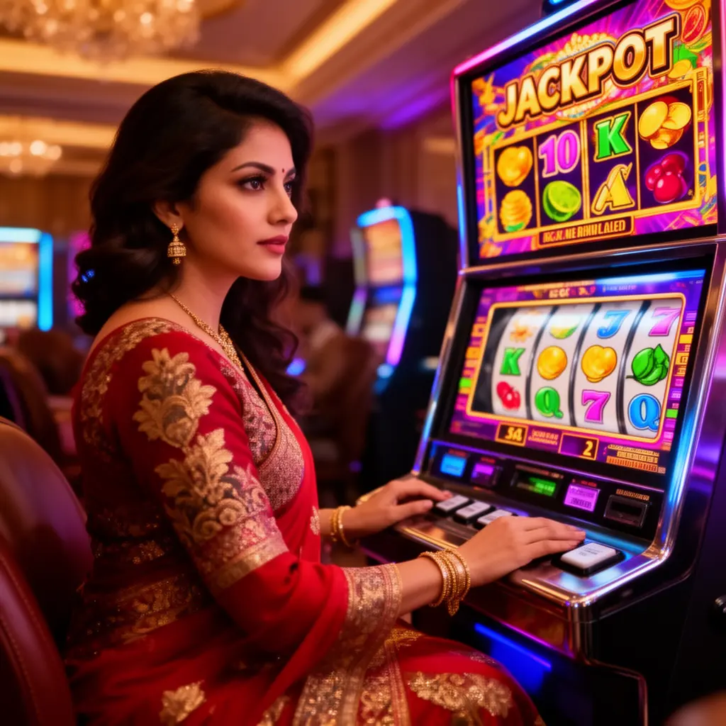 Confident woman playing a glowing slot machine in a modern casino atmosphere with colorful lights at VA99 showcasing premium online gaming for Bangladesh